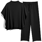 Ainangua Women Casual Two Piece Outfits 3/4 Batwing Sleeve Capelet CrewNeck Pullover Top Wide Leg Pants Lounge Sets Sweatsuit