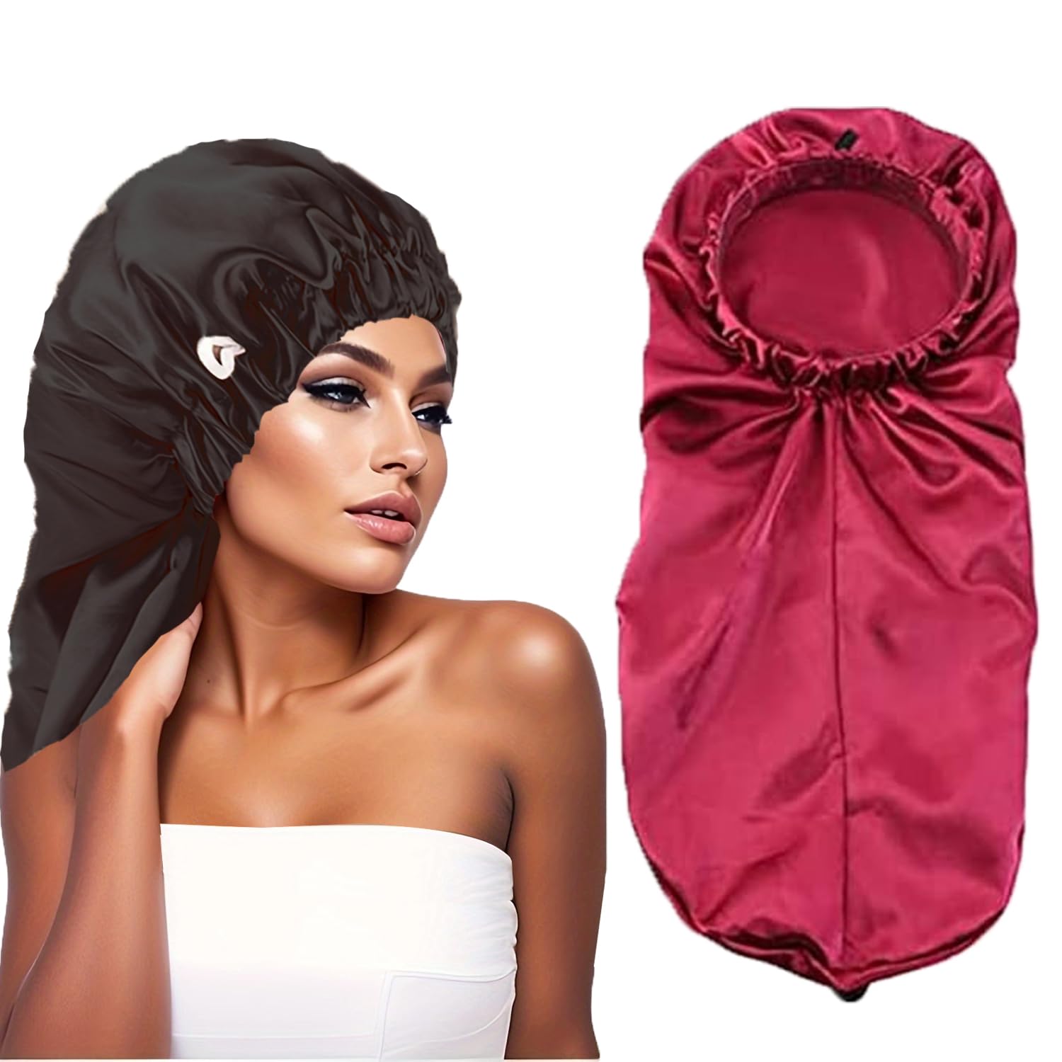 2 Pack Long Satin Hair Bonnet for Women Girls Silky Cap for Sleeping Large Satin Sleep Cap for Long Curly Hair Protection