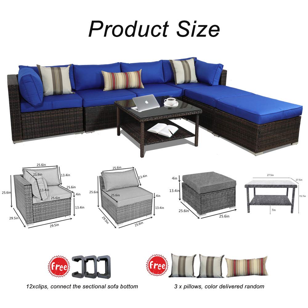 Outdoor Rattan Couch Wicker Sectional Conversation Sofa Set Lawn Garden Patio Furniture Set Brown Rattan Royal Blue Cushion Sofas