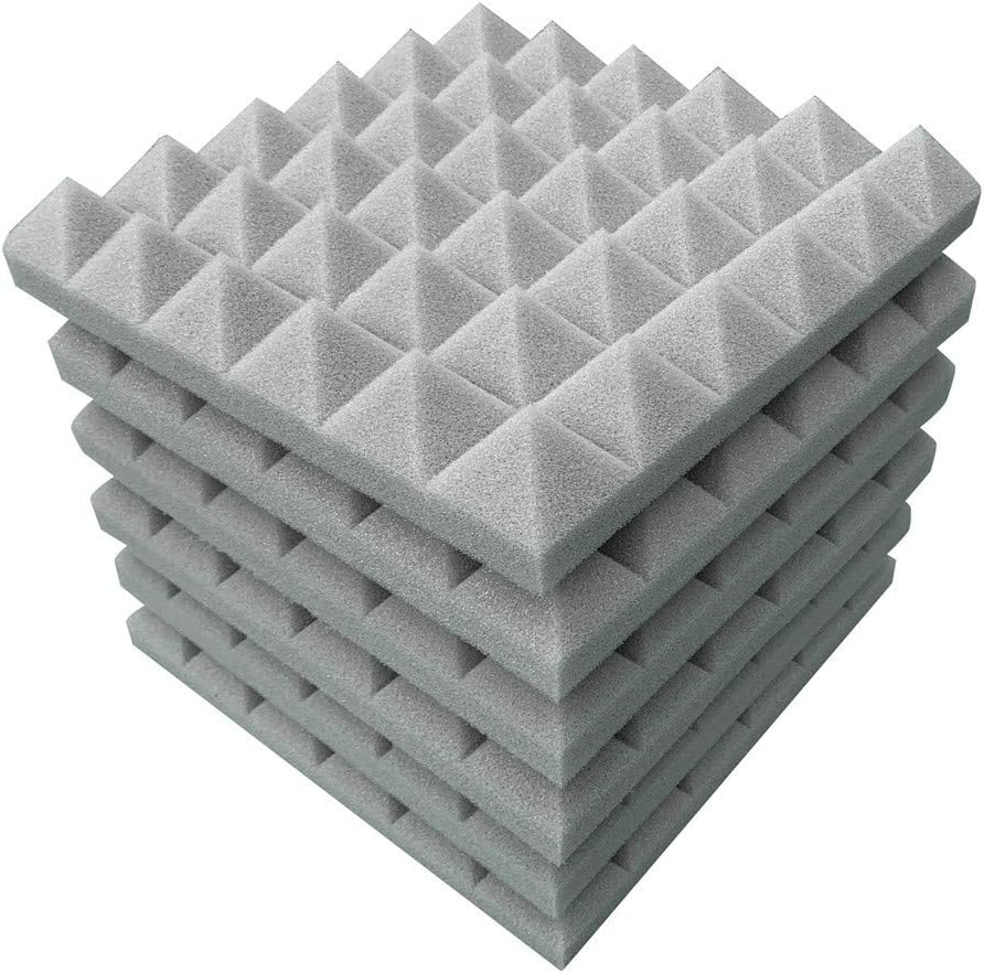 Weite 6 Pieces Soft Sponge Self-Adhesive Pyramid Sound-Absorbing Acoustic Foam Panels Kit, Soundproof Foam Wedge Wall Sticker for Recording Studio Drum Piano KTV Sing Room, 30cm (Gray)
