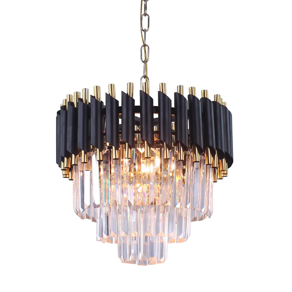 FRIXCHUR Black & Gold Crystal Chandeliers Flush Mount Crystal Ceiling Light Fixture Round Chandeliers Pendant Light for Living Room Kitchen Island Bathroom Dining Table Hallway, E14 x 5 Lights