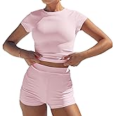 RUEWEY Women's 2 Piece Tracksuits Short Sleeve Crewneck Crop Tops High Waist Shorts Sets Yoga Outfits Y2k Streetwear