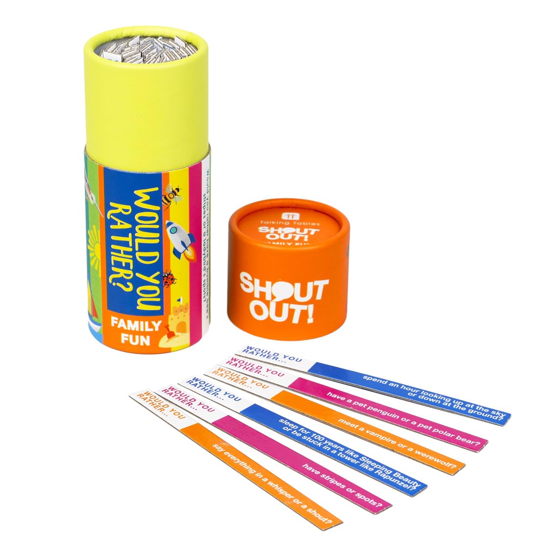 Talking Tables Would You Rather Shout Out Kids Travel Game - Portable, Hilarious Fun Gift for boys and girls 160 Silly Scenarios, Plastic-Free, l for 2+ Players. Ages 5+, White