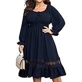 SHESTARR Women's Plus Size Long Sleeve Midi Dress Scoop Neck Smocked Empire Waist A Line Ruffle Hem Lace Trim Flowy Dresses