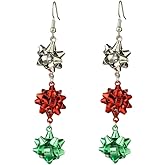 YIQPKUM Christmas Bow Earrings Dangle for Women Festival Jewelry Cute Holiday Triple-Tier Metallic Statement Accessories Gifts