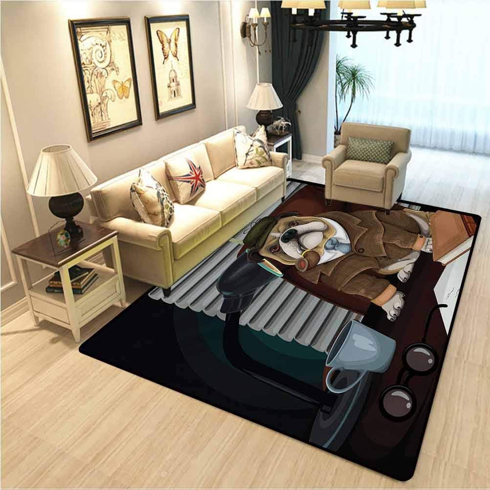 English Bulldog Girl Beautiful Rug Traditional English Detective Dog with a Pipe and Hat Sherlock Holmes Image Super Soft Living Room Floor Rug Multicolor W6xL7 Ft