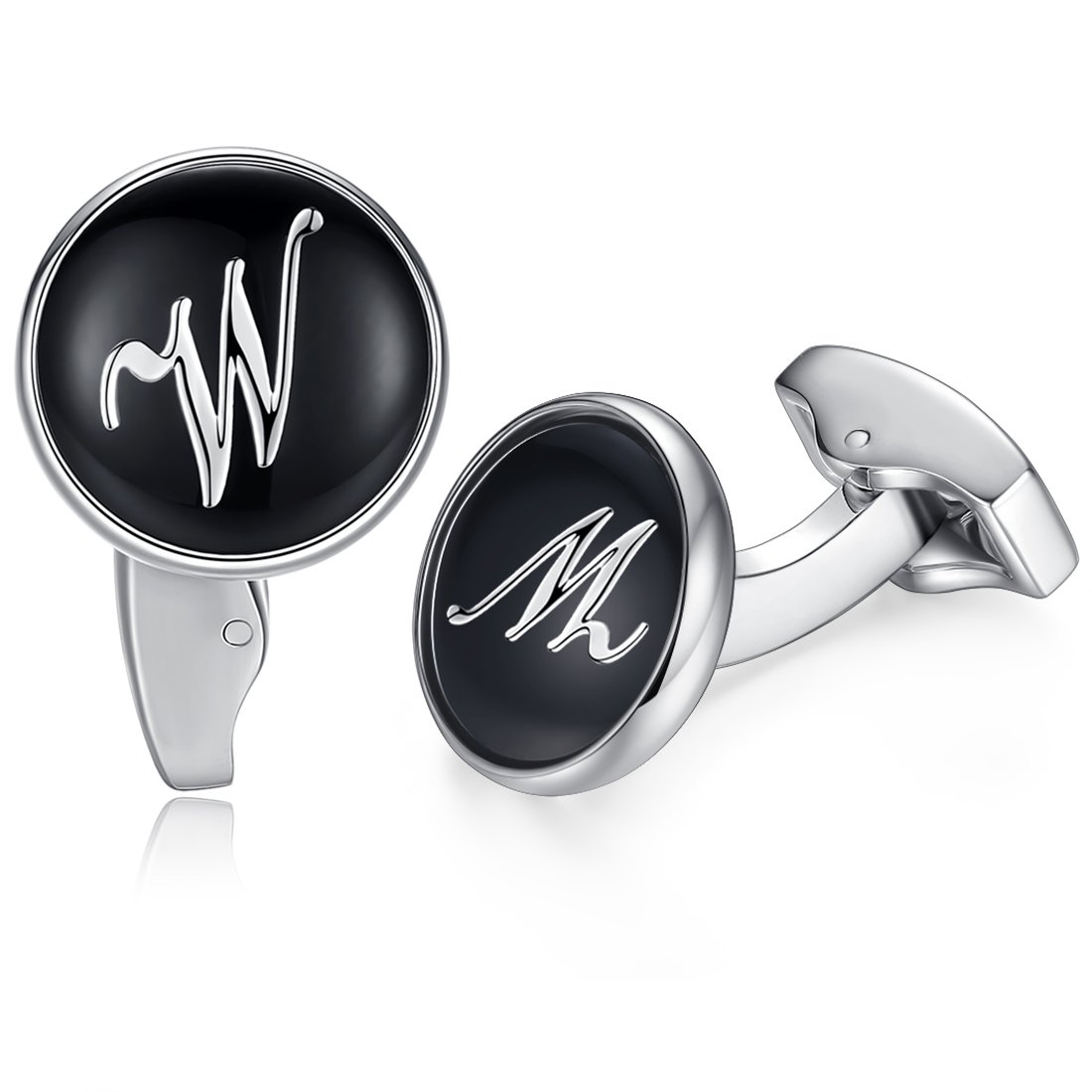 HONEY BEAR Initial Alphabet Letter Cufflinks for Men, Black Round Shape Wedding Business Gift A - Z (W)