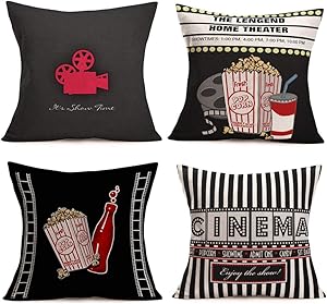 Xihomeli Vintage Movie Theater Cinema Personalized Throw Pillow Covers Home Theater Coke Popcorn Home Decor Design Cotton Linen Throw Pillow Case 18x18 Inch for Sofa Set of 4(Film Set)