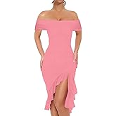 BORIFLORS Women's Sexy Off The Shoulder Bodycon Midi Dresses Elegant Ruched Ruffle Hem Cocktail Party Dress