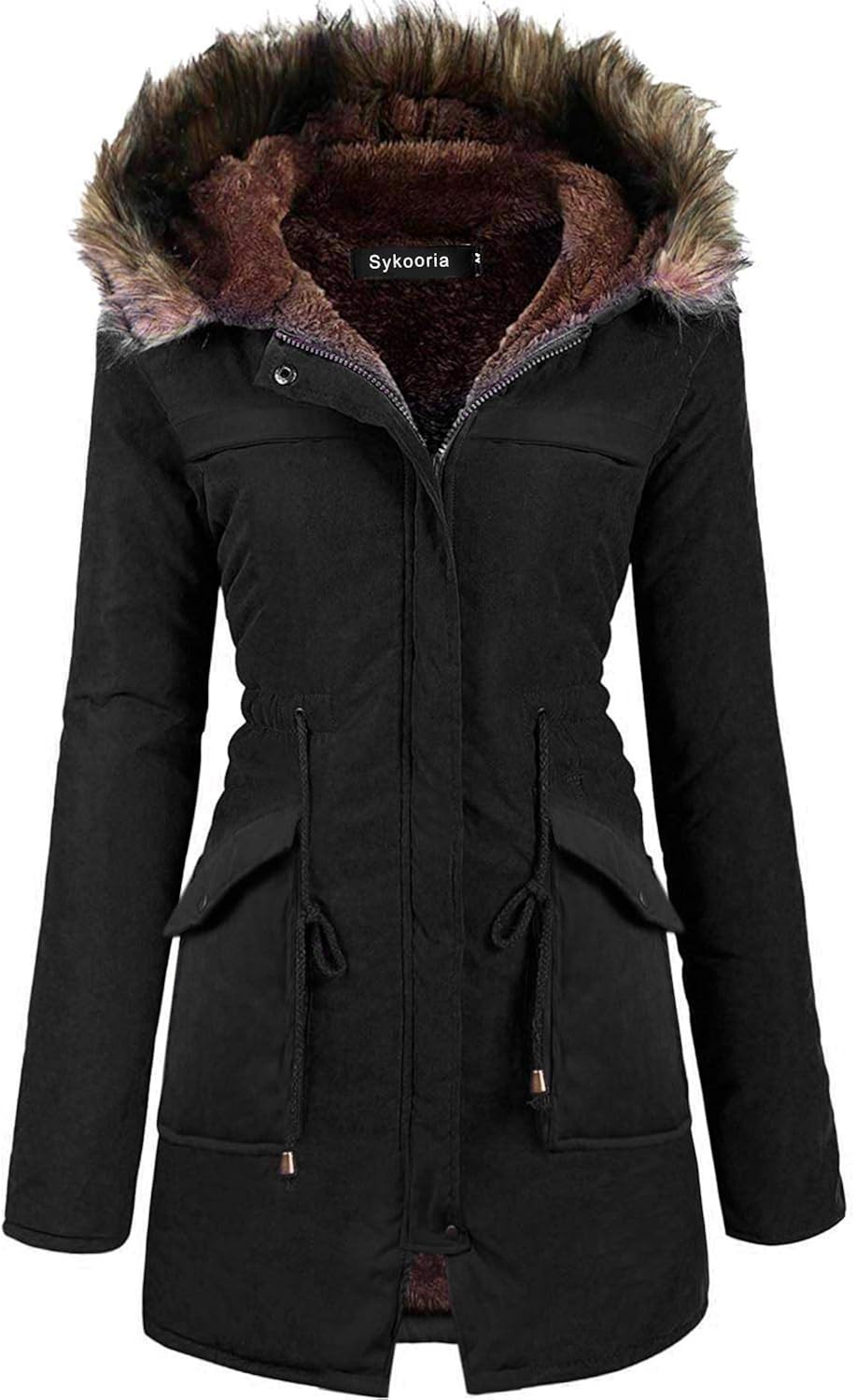 Sykooria Womens Hooded Faux Fur Anroak Outwear Jacket Warm Winter Thicken Fleece Lined Parkas Long Coats