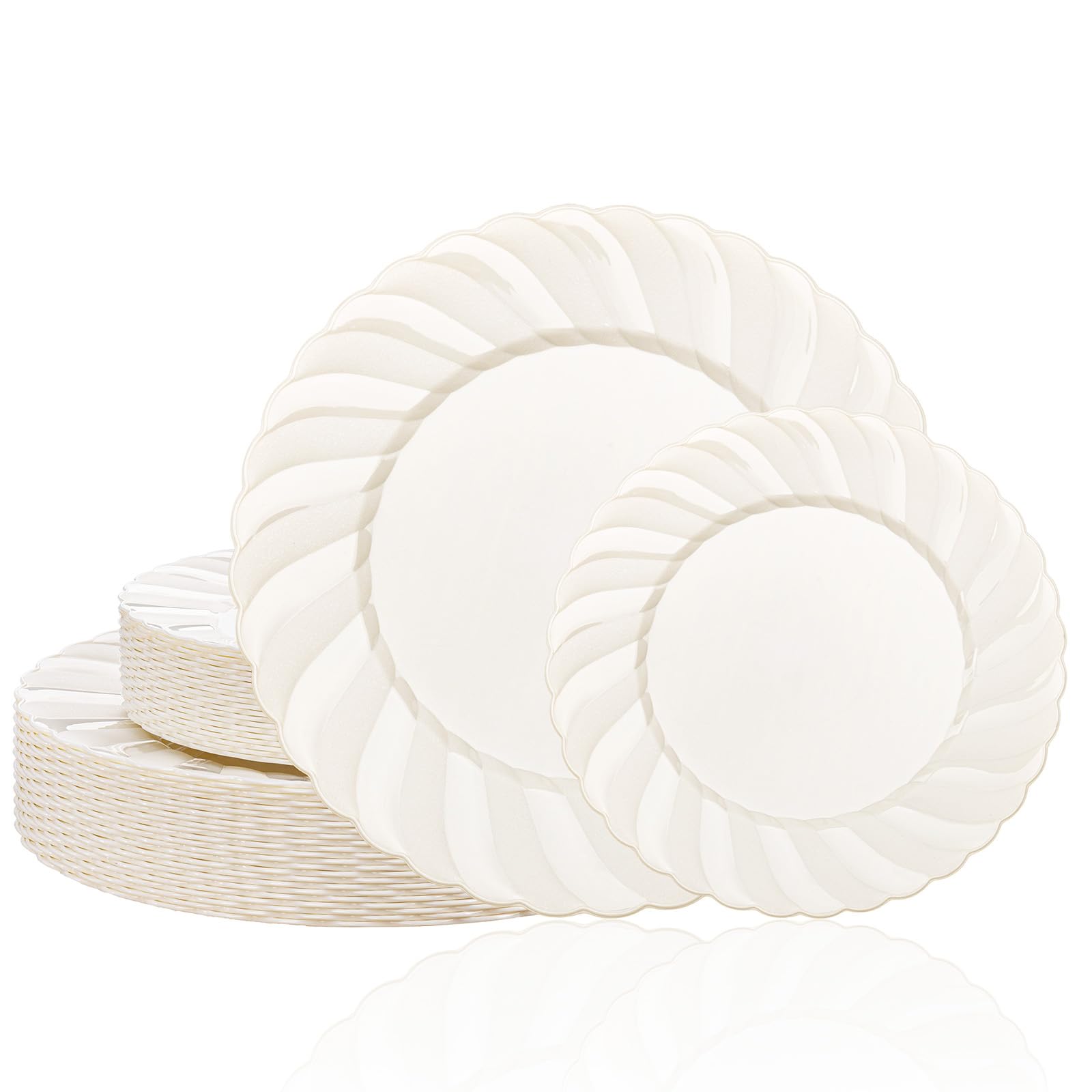 Photo 1 of U-QE 60 Pcs Ivory Plastic Plates for Party – Scalloped Plastic Plates Heavy Duty & Elegant – Include 30 10.25" Dinner & 30 7.25" Dessert Plates - Perfect for Party & Wedding