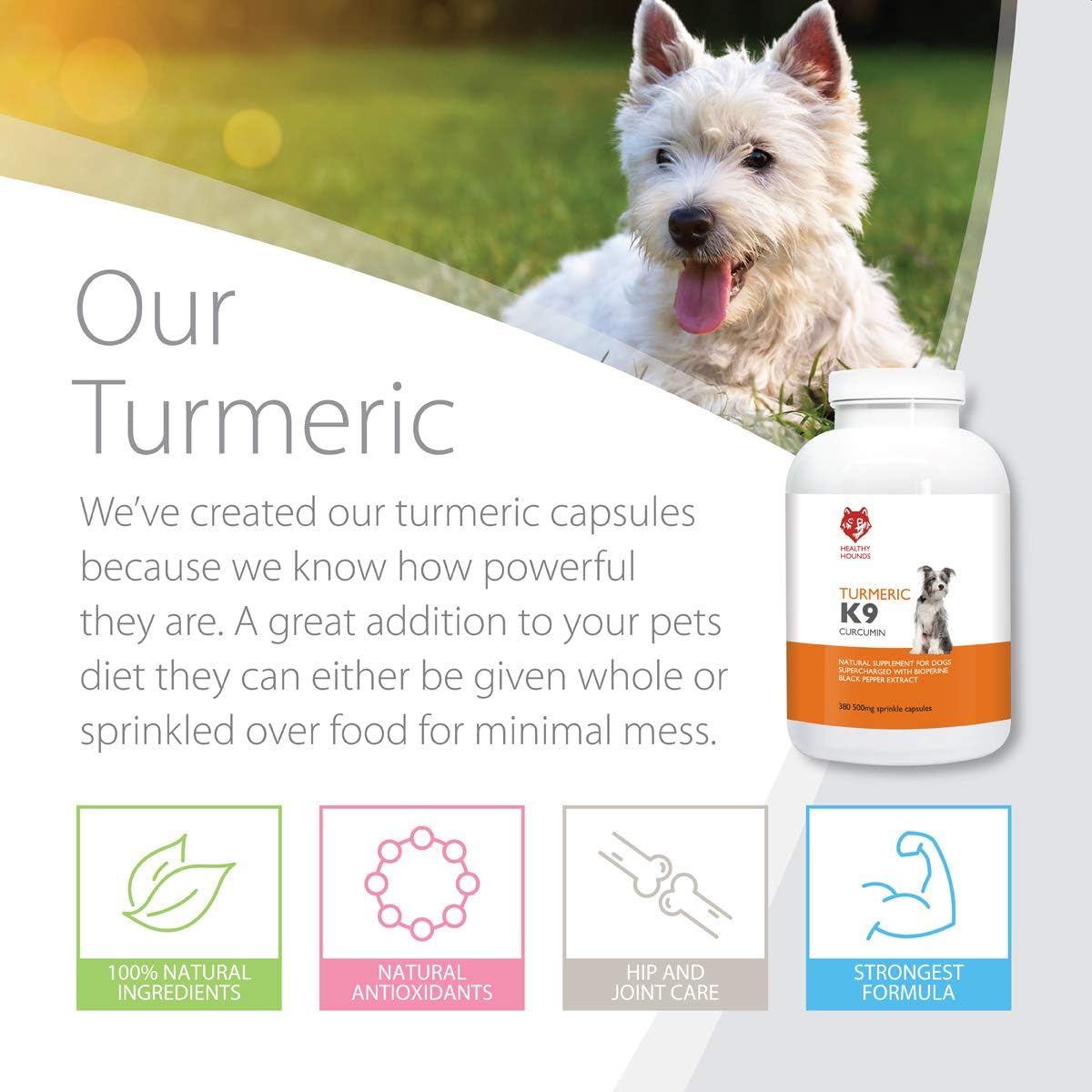 Healthy Hounds K9 Turmeric for Dogs and Pets 380 x 500mg Sprinkle