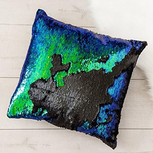 Wonder4 Pillow Case Sequins Cushion Cover Reversible Mermaid Throw Pillow Case Color 16x16 inches Changing Sequins Standard Cotton for Couch Decoration(Green&Black)