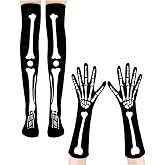 YGAOHF 2 Pairs Halloween Skeleton Gloves Stockings Set - Breathable Over Knee Skeleton Stocks and Long Arm Full Finger Bones Gloves for Girls Women Halloween Costume