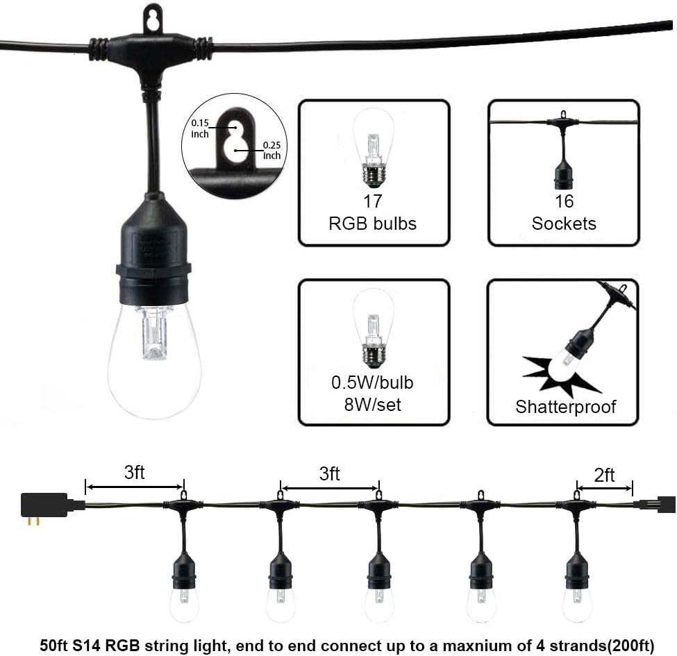 SUNTHIN 50FT Outdoor Color String Lights with Remote, for Holiday Party Lights, Patio Backyard, Home and Outdoor Decorative, with Shatterproof S14 RGB Light Bulb, ETL Listed : Garden & Outdoor