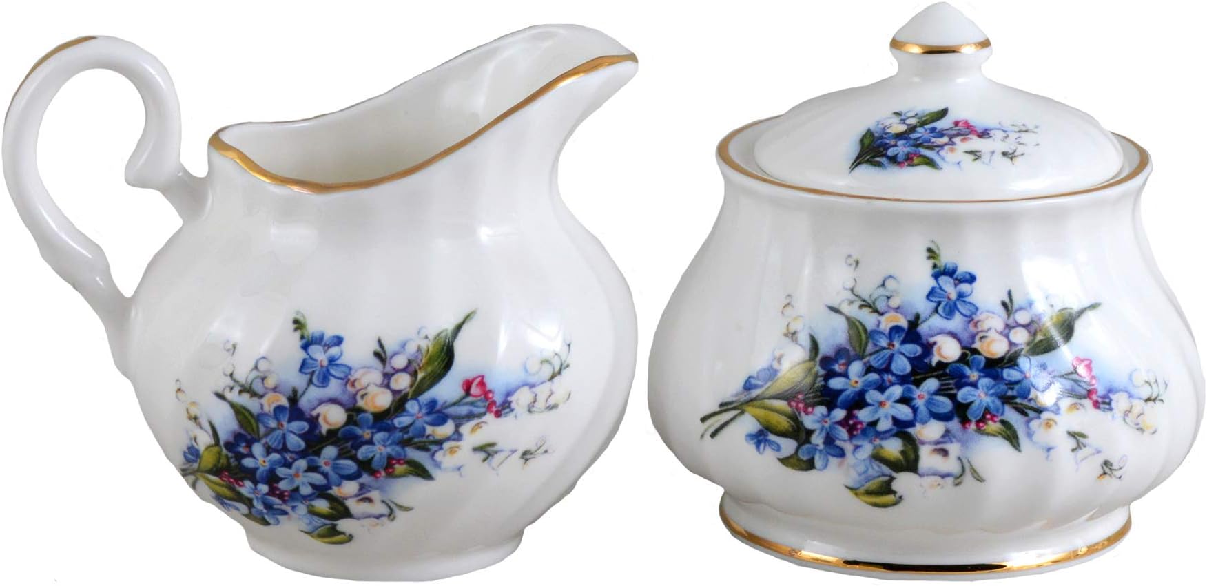 Fine Bone China English Sugar and Creamer Set in Forget Me Not Decor