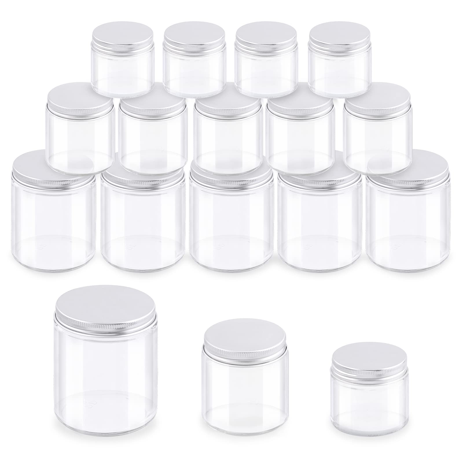Glarks 12 Pack 2oz 4oz 8oz Glass Jars with Lids, Round Clear Glass Jars with Inner Liner and Silver Lids for Storing Creams, Beauty Products, Cosmetic, Lotion and Ointments