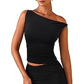 REORIA Women's Twisted Asymmetrical Off The Shoulder Tops Double Lined Slim Fitted Side Ruched Tee Shirts