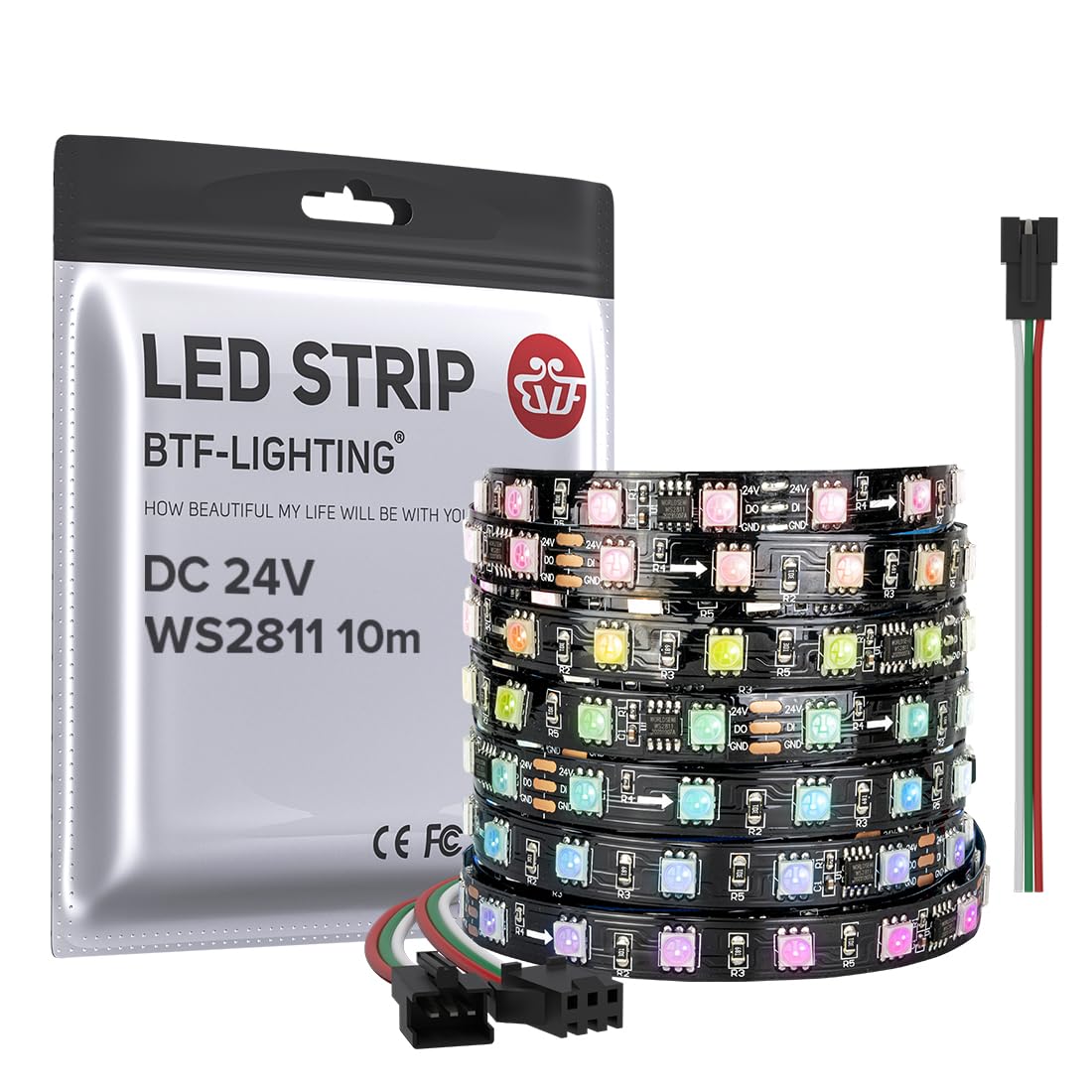 BTF-LIGHTING WS2811 DC24V 32FT 10M Addressable RGB LED Pixel Strip 600 LEDs 100Pixels Full Color Dream Color Black PCB IP30 Non-Waterproof Works with Arduino/Raspberry/etc Prevent Voltage Dropping — image 1