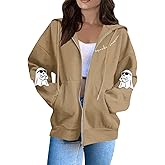 Zip Up Hoodie Women Oversized Halloween Graphic Fleece Jacket with Pockets Funny Ghost Spooky Season Sweatshirt