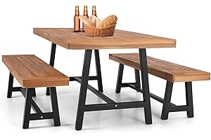 MFSTUDIO 3 Pieces Outdoor Patio Dining Set,Acacia Wood Table Bench Furniture Set with 1 Rectangular Picnic Wooden Table and 2 Benches for Backyard, Garden, Lawn-Teak Color