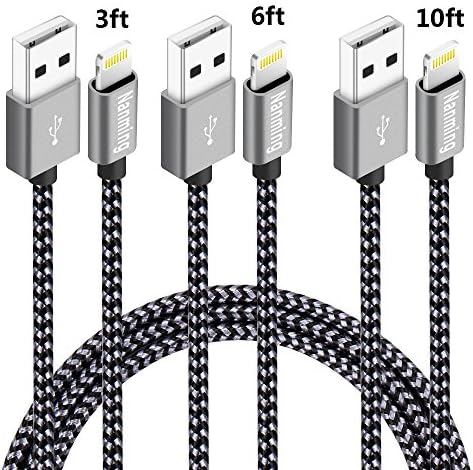 iPhone Charger NANMING 3Pcs 3FT 6FT 10FT Extra Long Nylon Braided Charging Cable Cord 8-Pin Lightning to USB Cable iphone Charger Compatible with iPhone 7/7 Plus/6/6s/6 plus/6(Black+Gray)