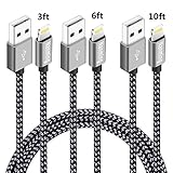 iPhone Charger NANMING 3Pcs 3FT 6FT 10FT Extra Long Nylon Braided Charging Cable Cord 8-Pin Lightning to USB Cable iphone Charger Compatible with iPhone 7/7 Plus/6/6s/6 plus/6(Black+Gray)