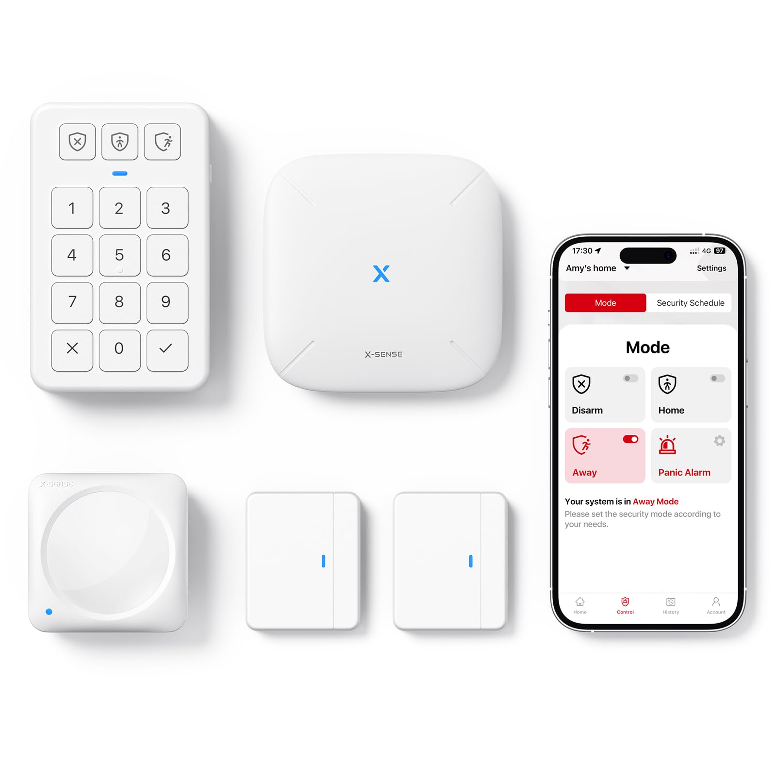 X-Sense Smart Home Security Systems, Wireless alarm systems, Works with Alexa, Supports Mobile App Alerts, Includes 1 Base Station, 2 Door Alarms, 1 Motion Alarm, 1 Keypad, AS05
