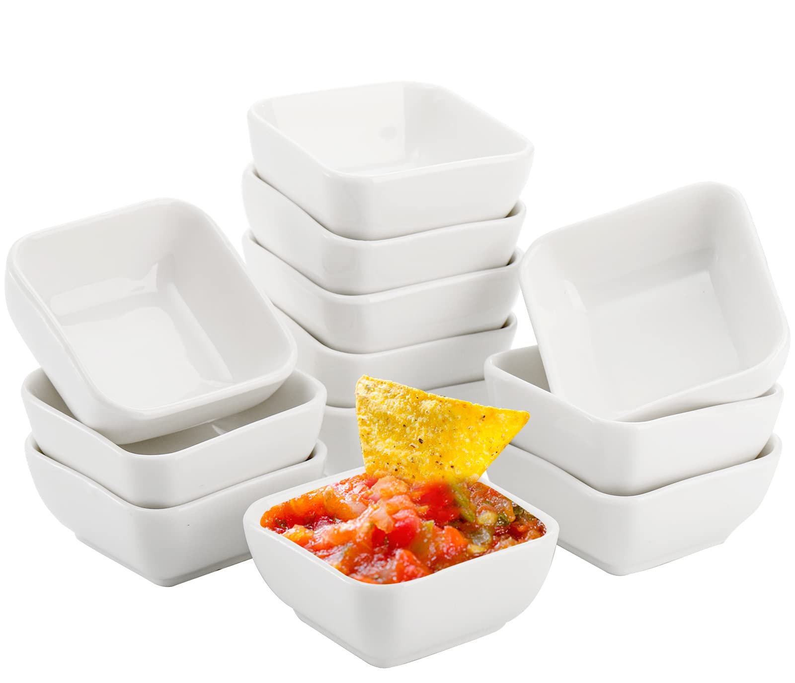 Lawei Set of 12 Porcelain Dip Bowls Set 90ml Souffle Ramekins Ceramic Dessert Bowls Square Ramekins White Dishes Server Dishes for Baking BBQ Soy Ketchup Snacks
