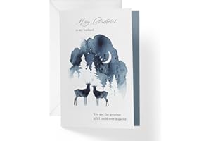 1Up Greetings Individual Christmas Card For Husband | Romantic Christmas Card Deer with Pine Trees | Your Purchase Helps Animals In Need | 5”x7.5” | Single Christmas Card with Envelope | Made in USA |