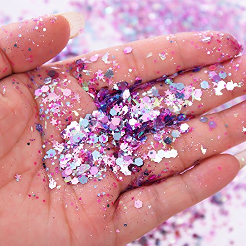 Unicorn Iridescent Chunky Glitter Cosmetic Body Face Hair Eye Nail Glitter Musical Festival Carnival Dance Halloween Party Beauty Makeup DIY Deco 8 Sizes&Shapes 2 Pots (0.5 oz/15g) by GADGETS ENTREPOT