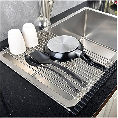 LLygezze Large Roll-up Rollable Stainless Steel Over the Sink Dish Drying Rack (18"x10, Black)