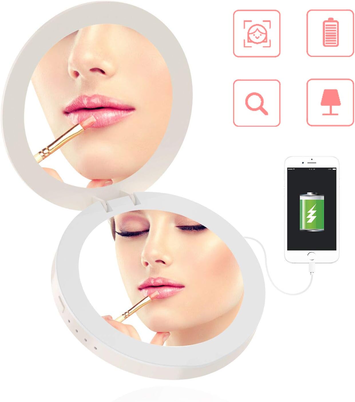 Amazon モバイルバッテリー 急速充電 手鏡 Saiveina 化粧鏡 コンパクト Ledライト付き Iphone Android対応 Usb充電 3000mah大容量 モバイルバッテリー 化粧鏡両用 手持ちミラー 手鏡 超薄型 外出 旅行用 ミラー 携帯ミラー 一年間保障 ホワイト Moniko