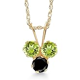 Gem Stone King 14K Yellow Gold Green Peridot and Black Diamond 3-Stone Pendant Necklace For Women (0.34 Cttw, Gemstone August Birthstone, Round 3MM, 18 Inch Chain)