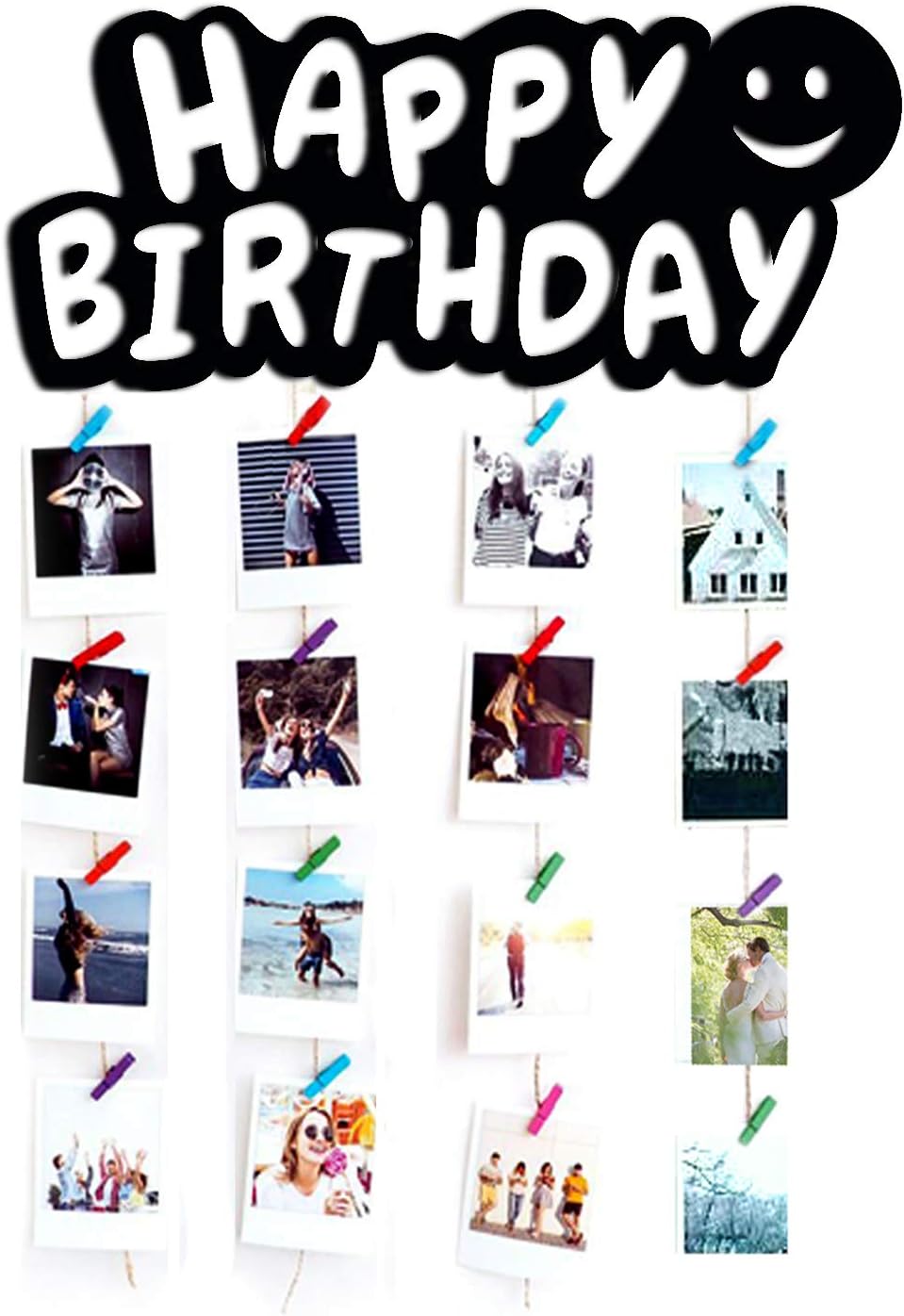 Vah Wood Hanging Photo Display Picture Frame Collage Organizer with Clips - Happy Birthday (Multicolor)