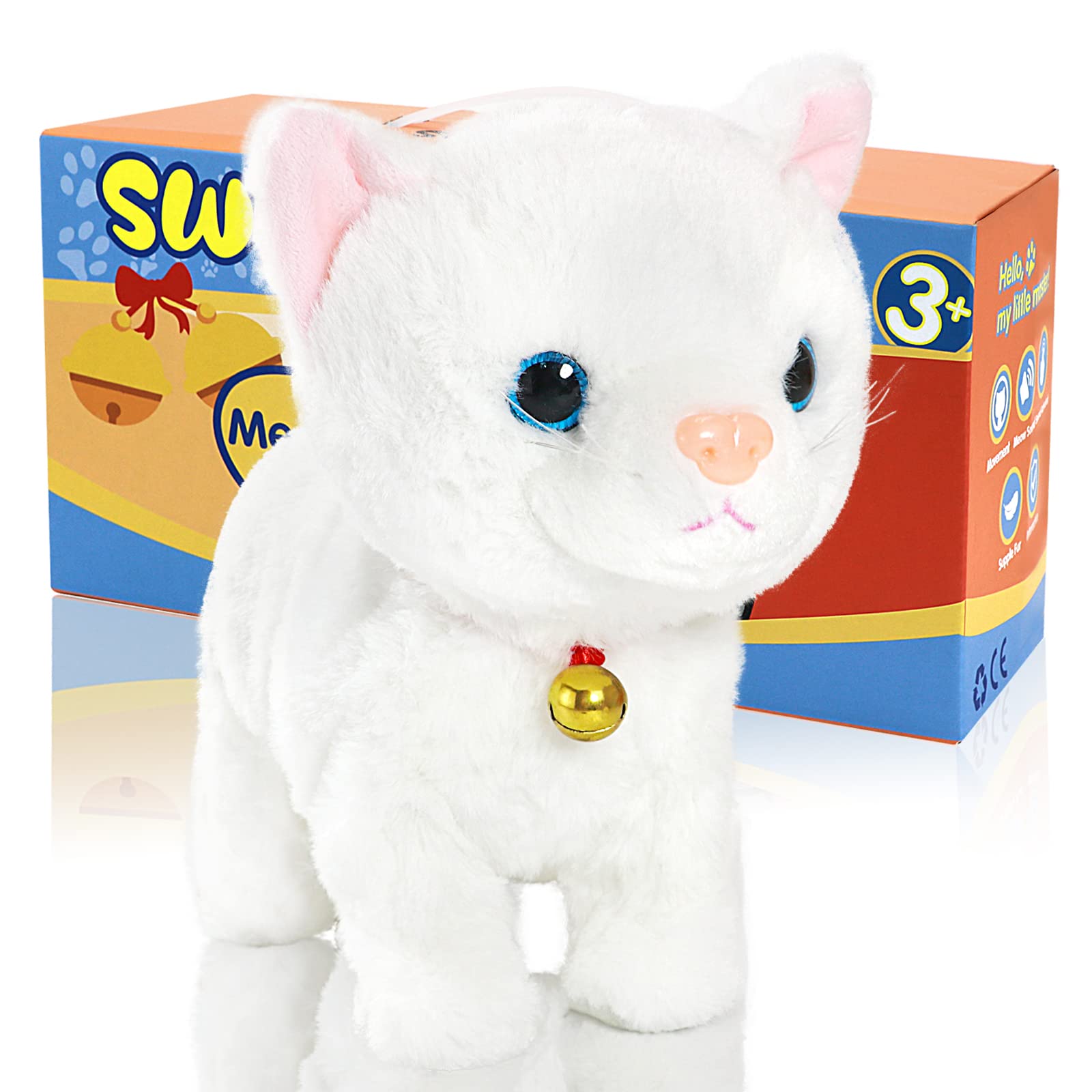 SWTOIPIG Interactive Plush Cat Toys for Kids, Reliable Robotic Electronic Cats Sound and Touch Control, Realistic Soft Plush Toy Cat That Walks and Meow Box, Kitty Toys Gift White