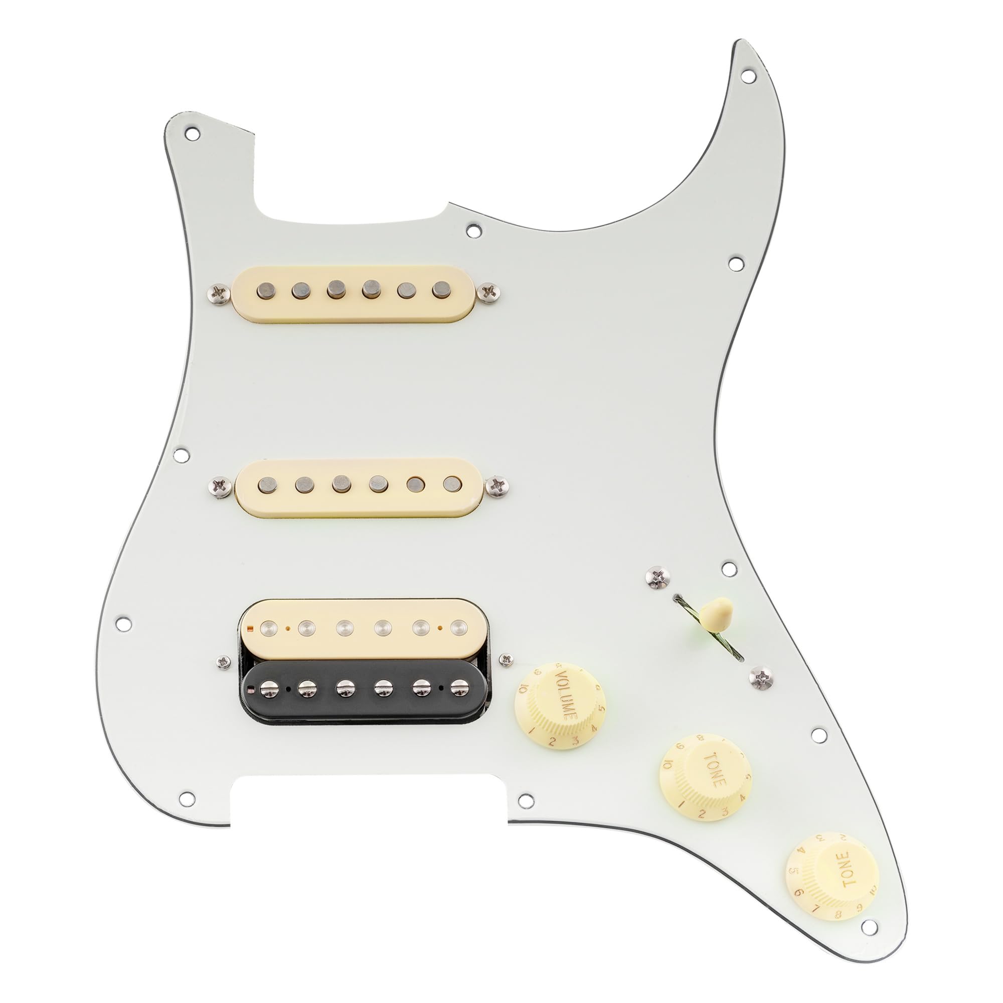 Musiclily Pro Auto-Split Pre-wired Standard HSS Pickguard with Artec Pickups Alnico 5 Magnet for ST Style Electric Guitar, 3ply Aged White
