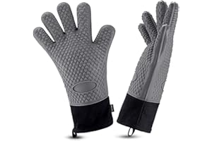 Comsmart BBQ Gloves, Heat Resistant Silicone Grilling Gloves, Long Waterproof BBQ Kitchen Oven Mitts with Inner Cotton Layer for Barbecue, Cooking, Baking, Smoker-Grey
