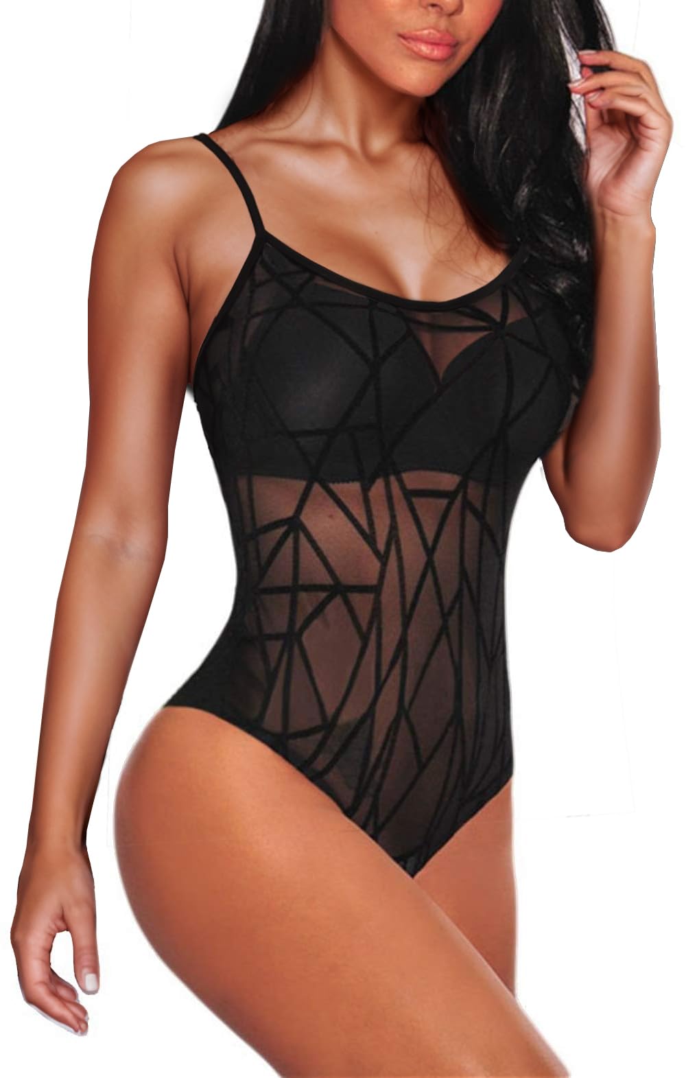 Photo 1 of JomeDesign Bodysuit for Women Sexy Backless Cami Jumpsuit Sheer Mesh Bodysuit Clubwear Lingerie MD