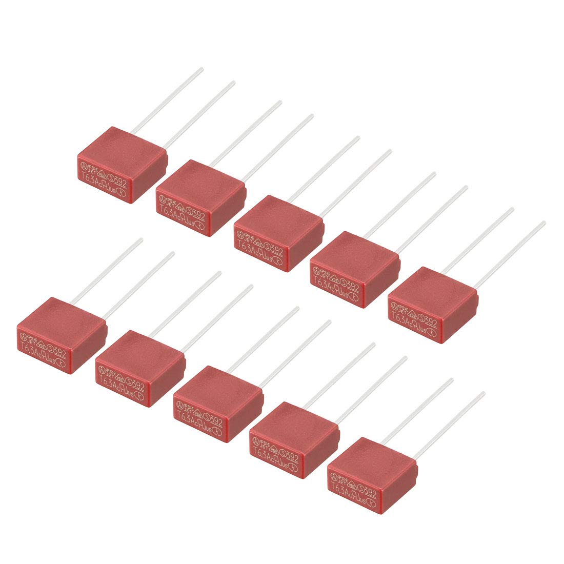 sourcing map 10Pcs DIP Mounted Miniature Square Slow Blow Micro Fuse T6.3A 6.3A 250V Red