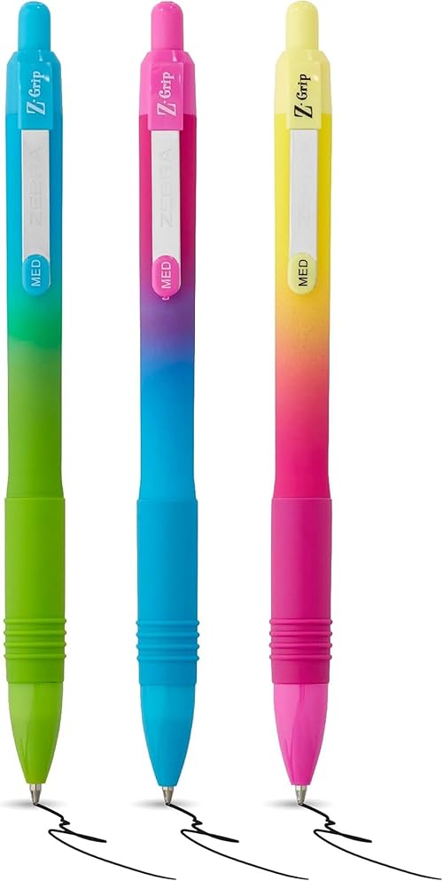 Zebra Pen Z-GRIP Soft Touch Black Ink Ballpoint Pens 3pk - 1.0mm Medium Point Retractable Pens with Clip, Smooth Writing Pens with Comfort Grip - 3 Pens Multipack (Ombre Barrel)