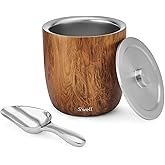 S'well Stainless Steel Ice Bucket XL, 100oz, Teakwood, Includes Lid And Scoop, Triple Layered Vacuum Insulated Container Keeps Ice Colder for Longer, BPA Free Barware