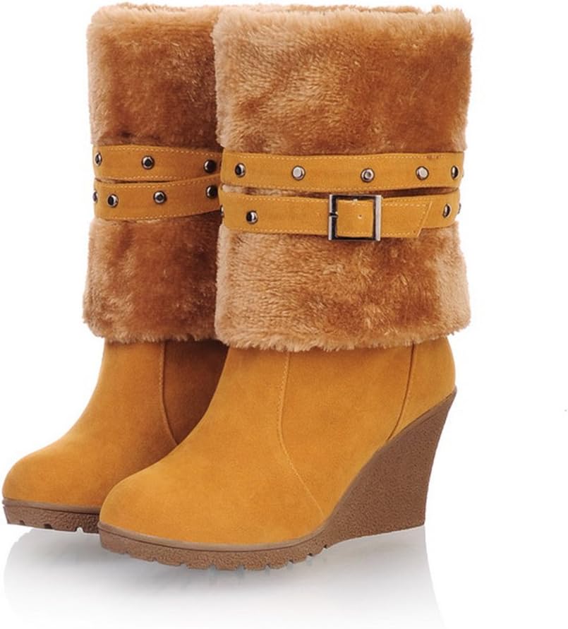 Ifantasy Winter Warm Snow Boots for Women Suede High Heel Wedges Buckle Mid Calf Boots