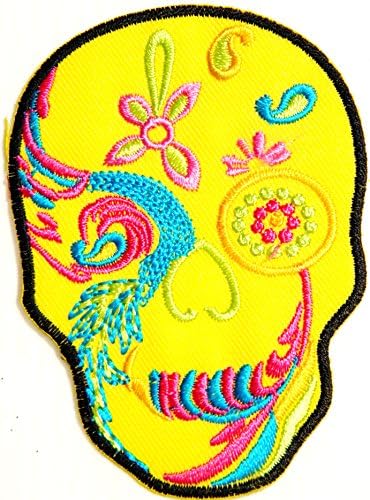 Yellow Flower Sugar Skull Day of the Dead Punk Rock Hippie Lady Rider Logo Biker Jacket T shirt Patch Sew Iron on Embroidered Badge Custom