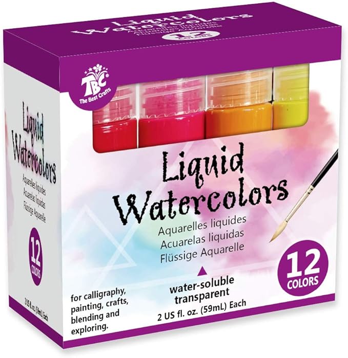 TBC The Best Crafts Liquid Watercolour Paint, Set of 12 (2 fl oz), Non