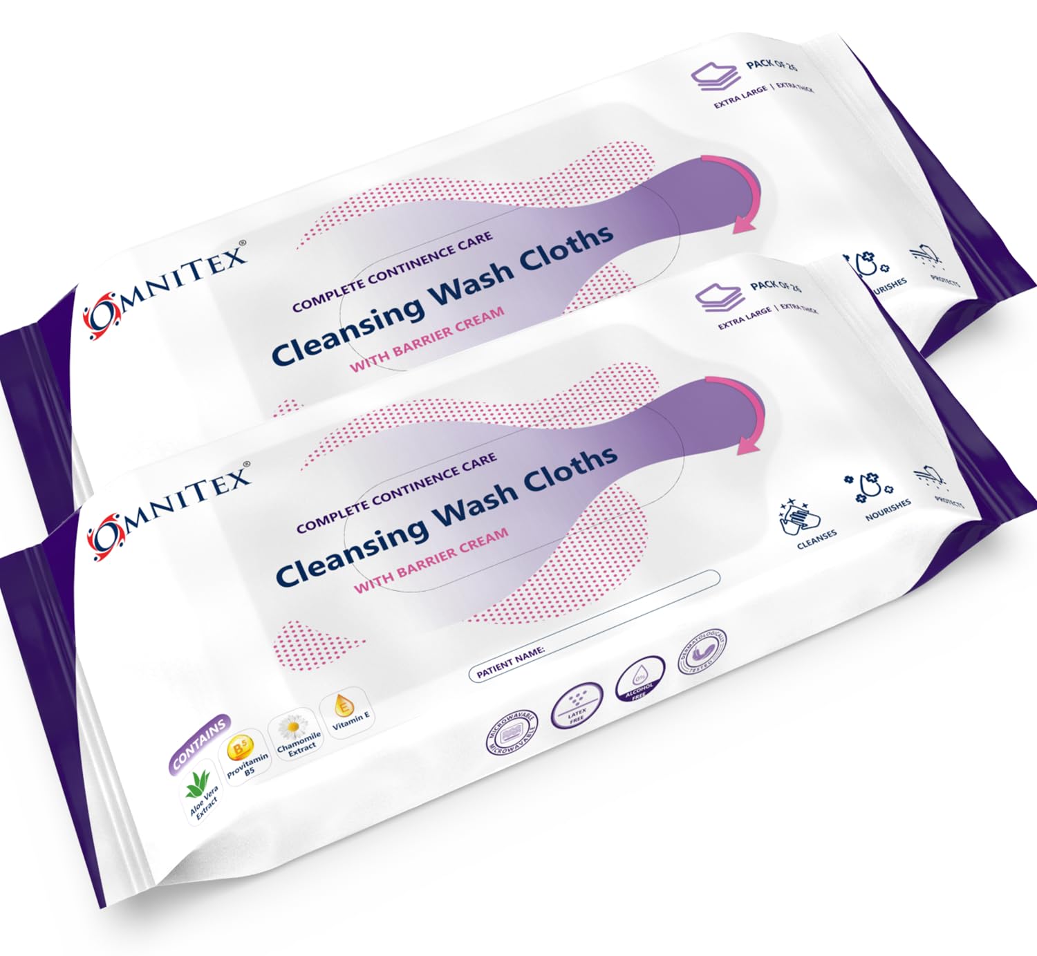 52x Omnitex Incontinence Cleansing Wash Cloths with Barrier Cream - Microwaveable | Rinse-Free All in One Continence Care Cleansing Wipes | Cleans Nourish Protect | With Aloe Vera, Vitamins | 2x 26pk