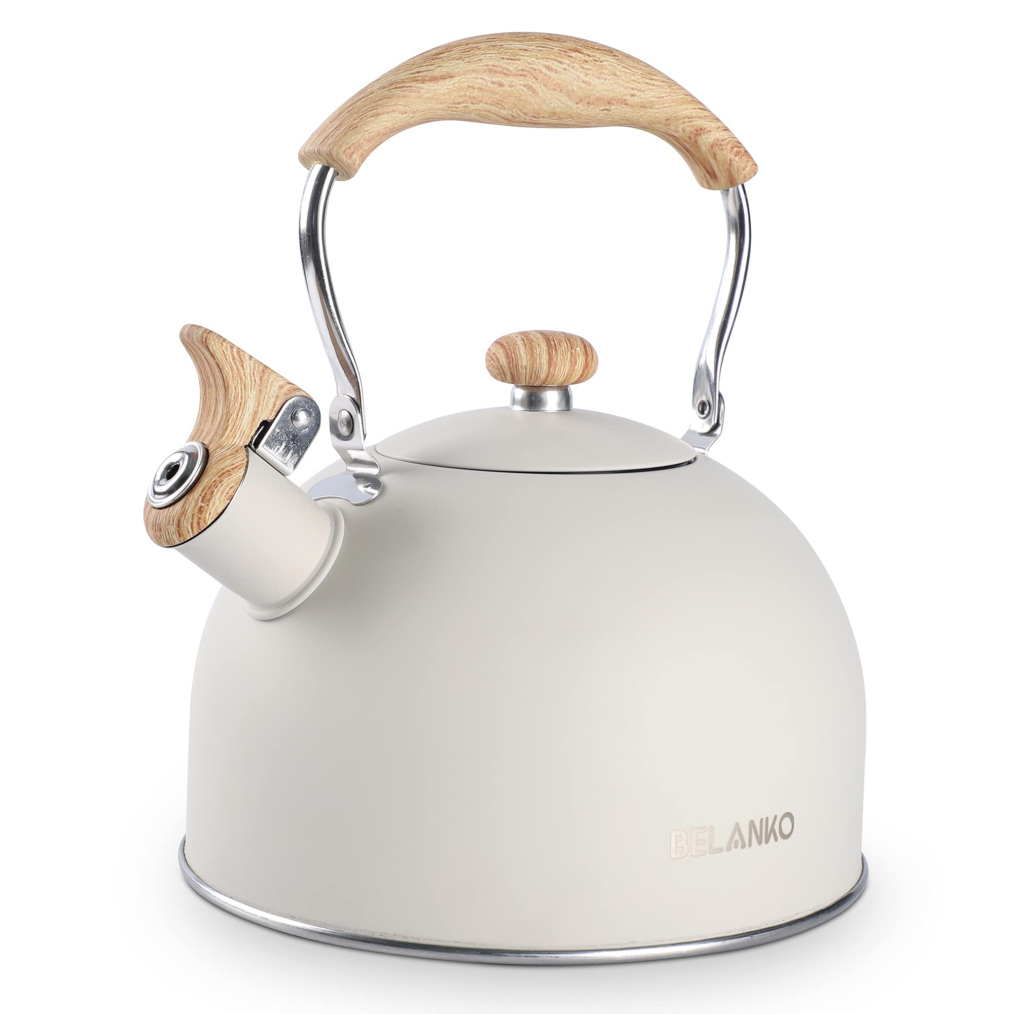 Photo 1 of Tea Kettle, BELANKO 85 OZ / 2.5 Liter Whistling Tea Kettle Pots for Stove Top Food Grade Stainless Steel with Wood Pattern Folding Handle, Loud Whistle for Tea, Coffee, Milk - Milk White