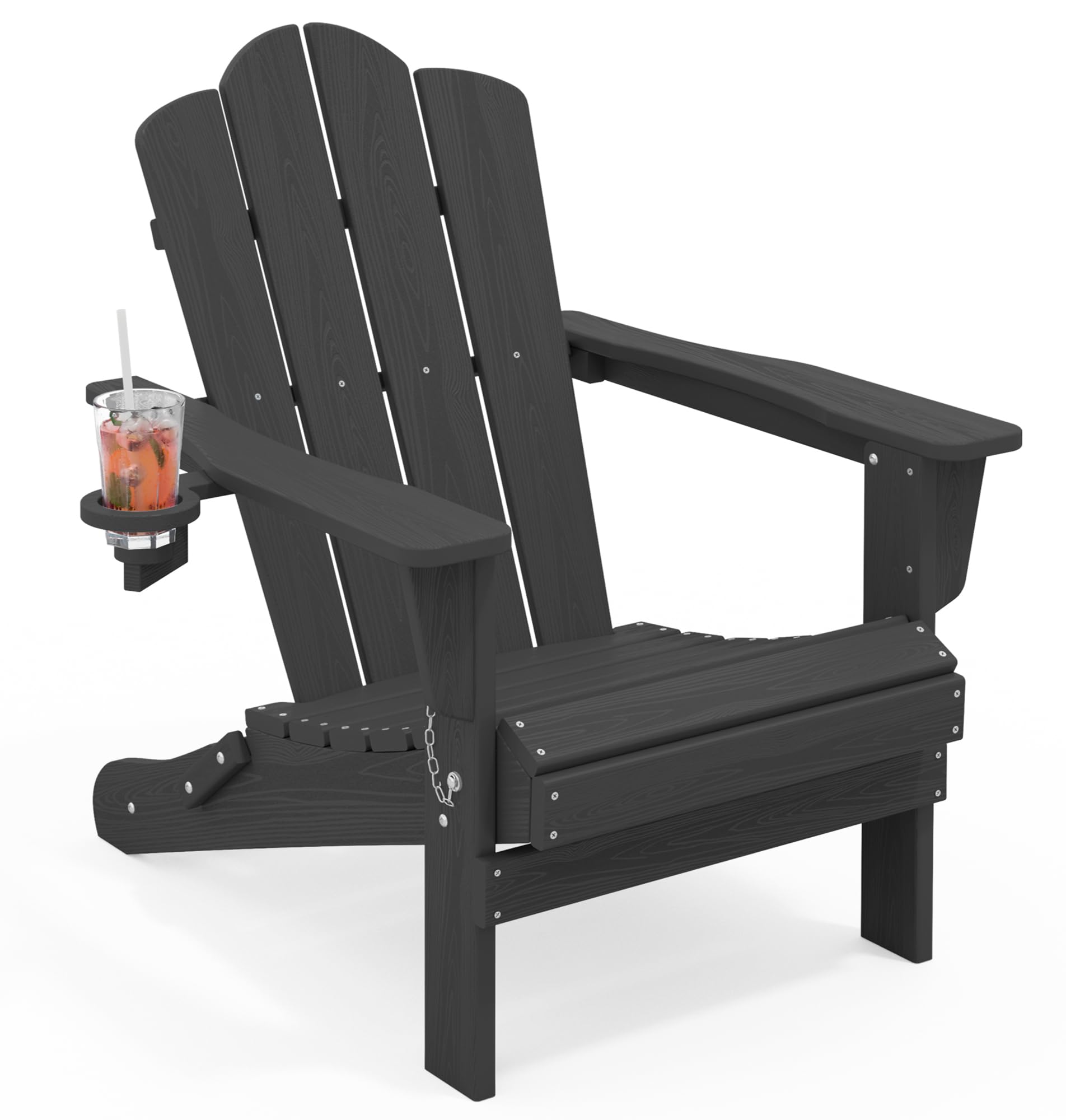 KINGYES Folding Adirondack Chair, HDPE All-Weather Patio Chairs with Cup Holder, Wooden Textured Fire Pit Chairs for Poolside, Backyard, Deck, Grey Image