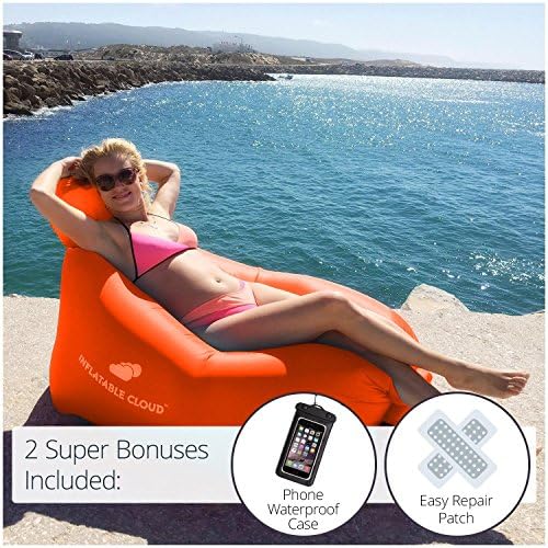 Inflatable Cloud New Design Lay Bag, Lounger Air Filled Balloon Laysack, Inflates in Seconds, No Pump Needed, Beach Couch Sofa, Air Hammock, Swimming Airbag, Laybag Air Mattress. (Orange)