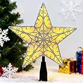 Christmas Star Tree Topper, Sliver Glittered 3D Star Tree Topper, with Warm White LED Lights String Lights for Indoor Office Christmas New Year Holiday Tree Decoration